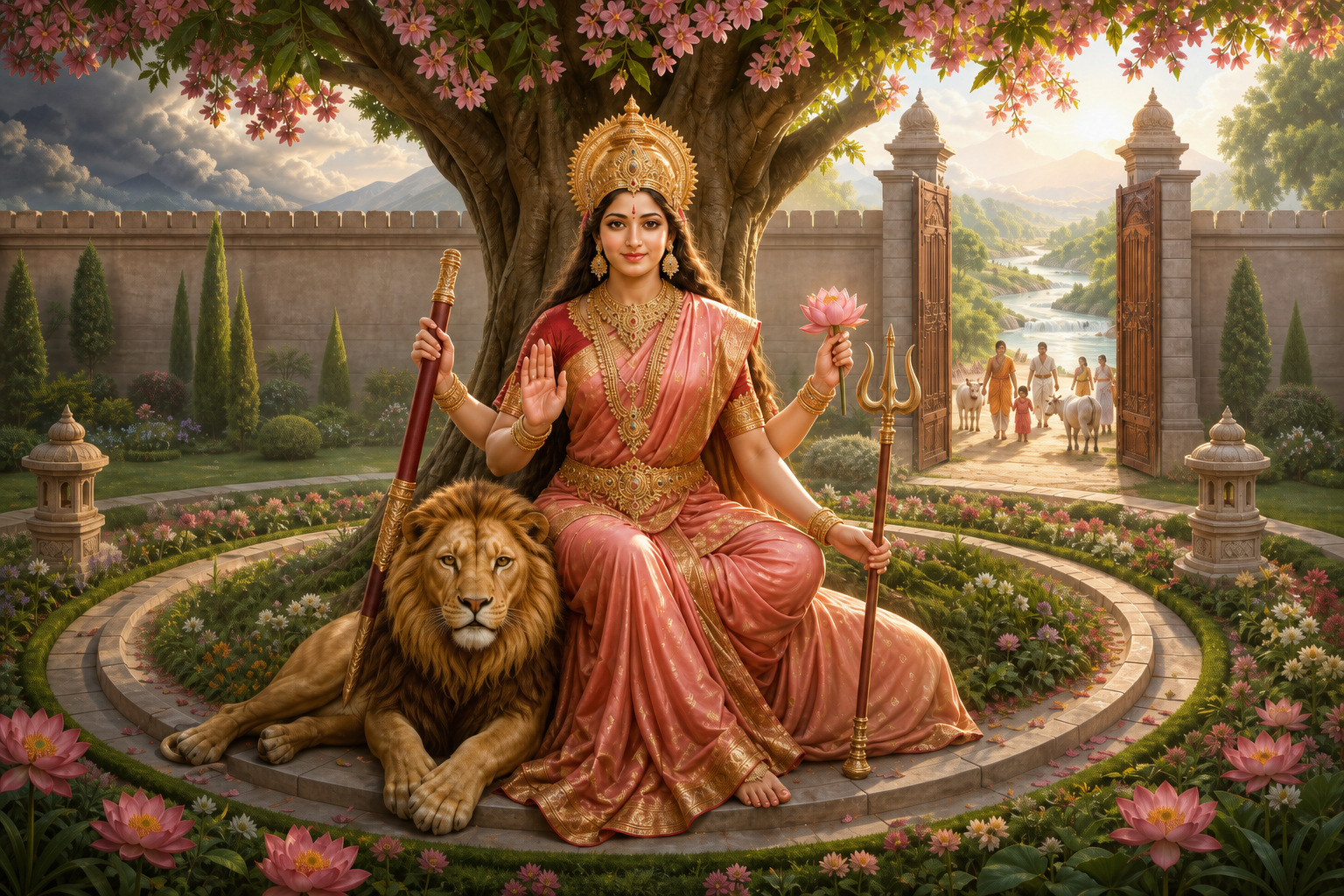 Goddess Durga sits beneath a flowering tree with a lotus, sheathed sword, and lowered trident as a watchful lion rests beside her inside a protected garden.