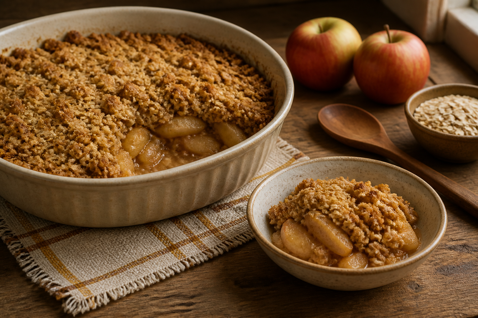 A baked apple crumble with a golden rolled-oat topping is served beside apples, a wooden spoon, and a small bowl of oats.