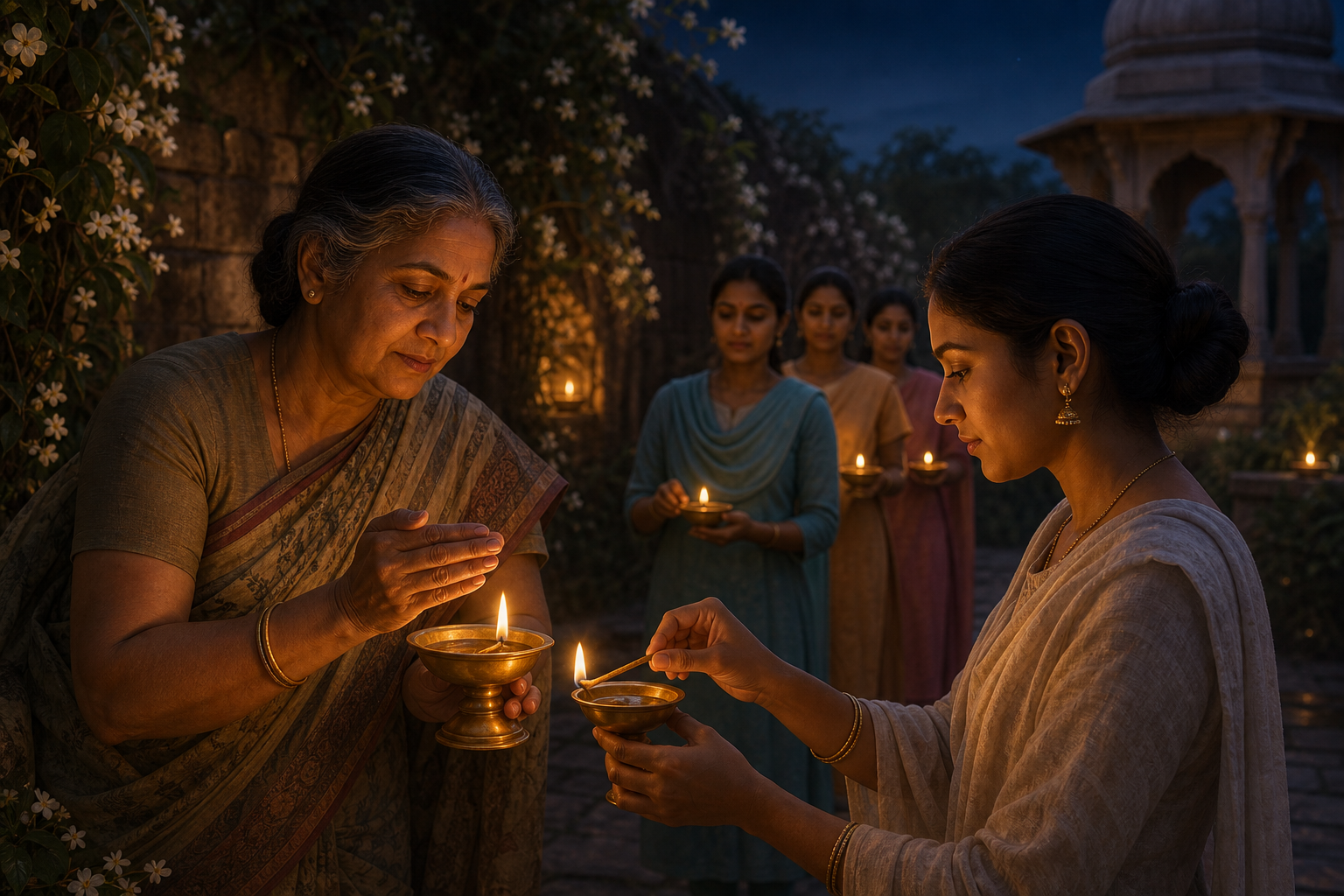 An older woman shields an oil-lamp flame as a younger devotee carefully lights another lamp in a twilight temple garden.