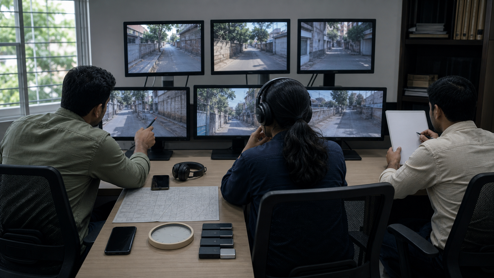 Investigators compare fictional street footage from several angles using monitors, a phone, a map, and evidence drives.