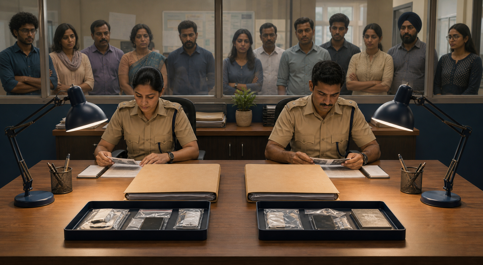 Two parallel case files and evidence trays receive equal lighting while police personnel and community observers review them.
