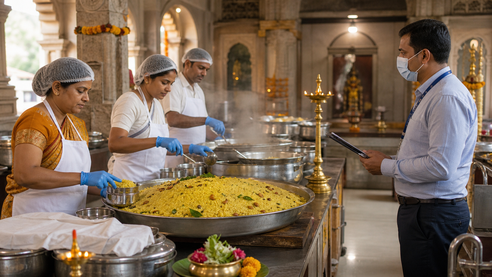 Temple volunteers follow hygienic food-preparation practices while a food-safety officer observes a festival community kitchen.