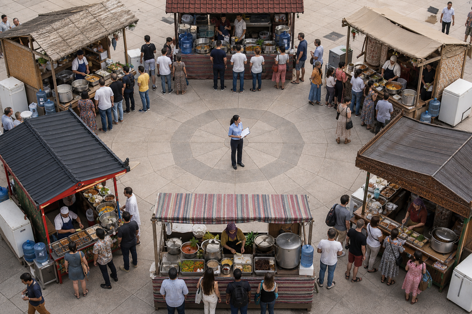 A food-safety inspector stands among several community festival food stalls arranged symmetrically for equal inspection.