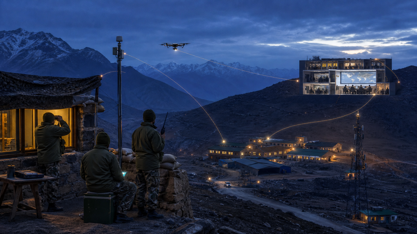 Border personnel, sensors, a field headquarters and a national command room connected in a single security network at dusk.