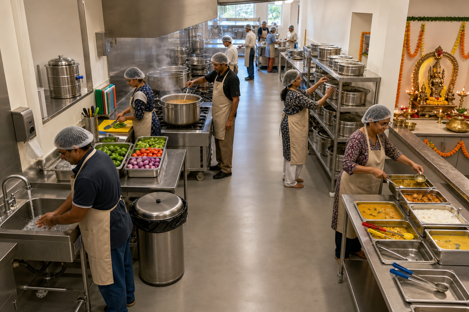 Festival kitchen volunteers wash hands, check cooking temperature, cover food containers, and keep preparation areas orderly.