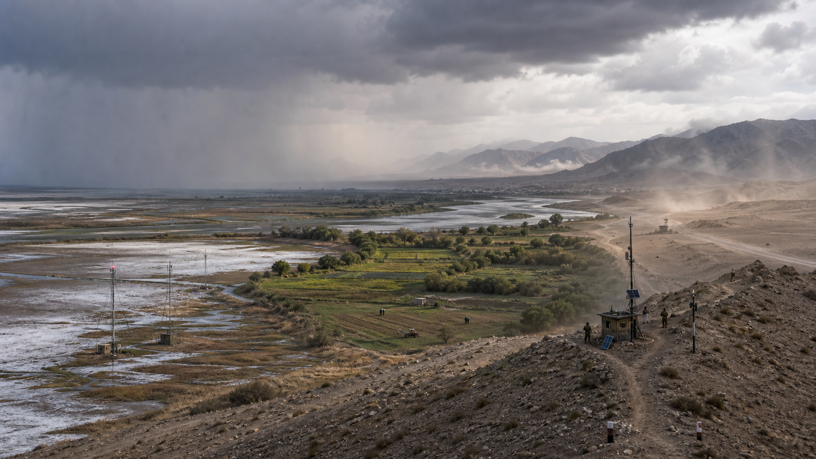A fictional western border sector crosses salt flats, desert, farmland, a river and foothills under changing weather.