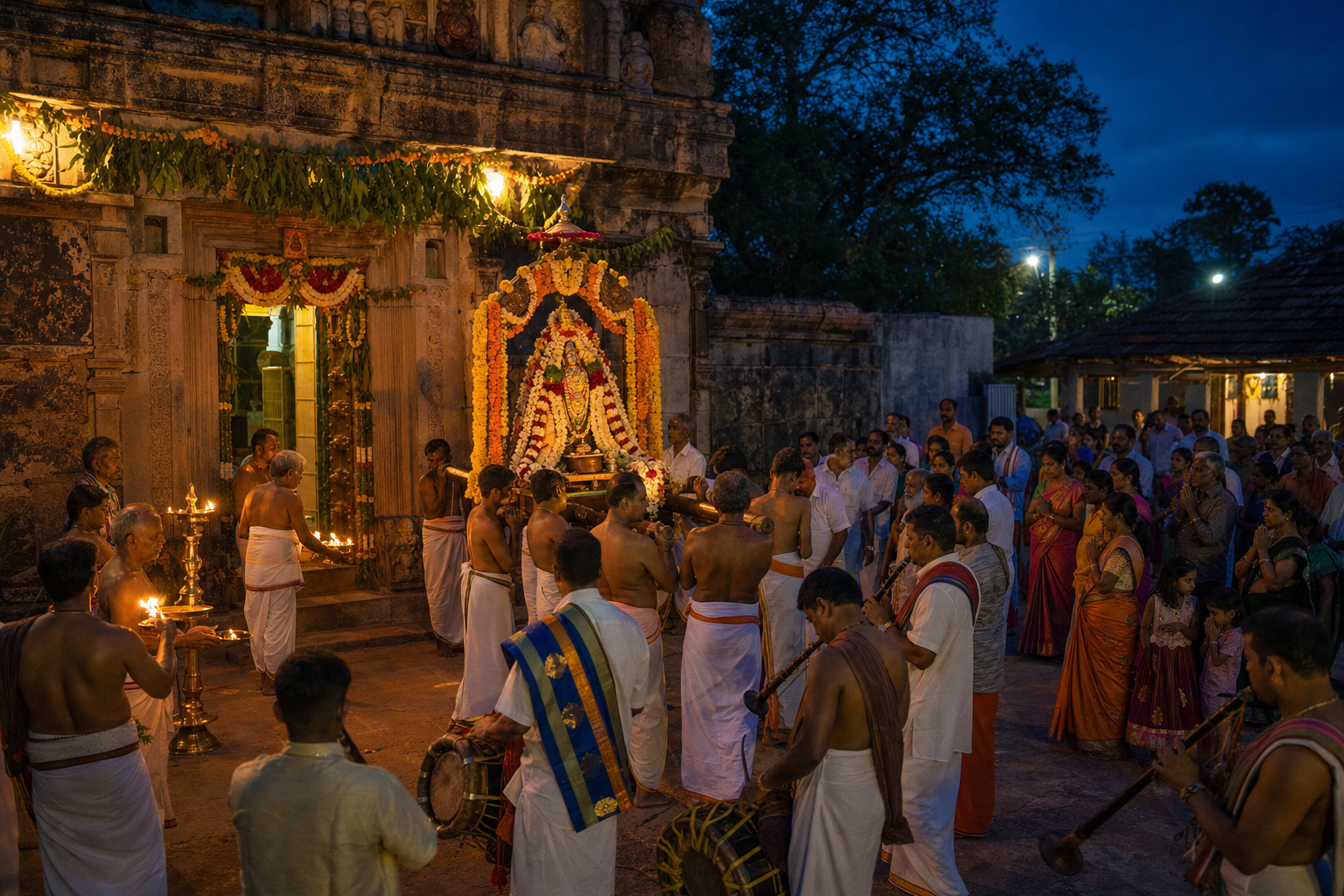 Worshippers, priests, and musicians gather around a flower-decorated deity palanquin during an evening temple festival in Ummatturu.