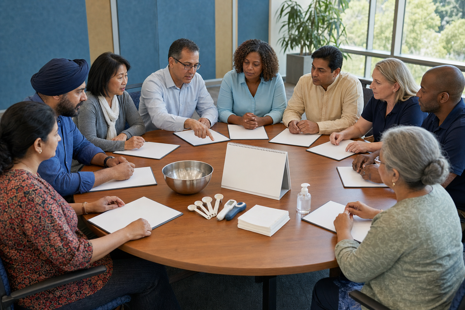 Community festival representatives and municipal food-safety officials discuss a shared inspection process around a round table.