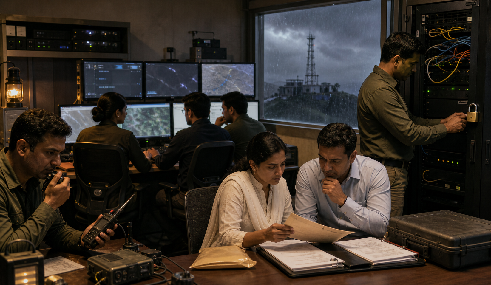 A command-center team cross-checks an alert and uses backup communications during a simulated network disruption.