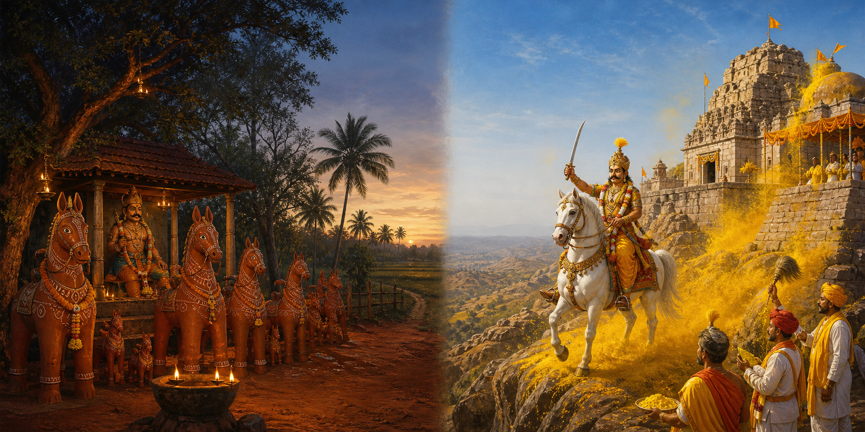 A Tamil village guardian shrine with terracotta horses appears beside a separate Deccan scene of a warrior deity on a white horse amid yellow turmeric powder.