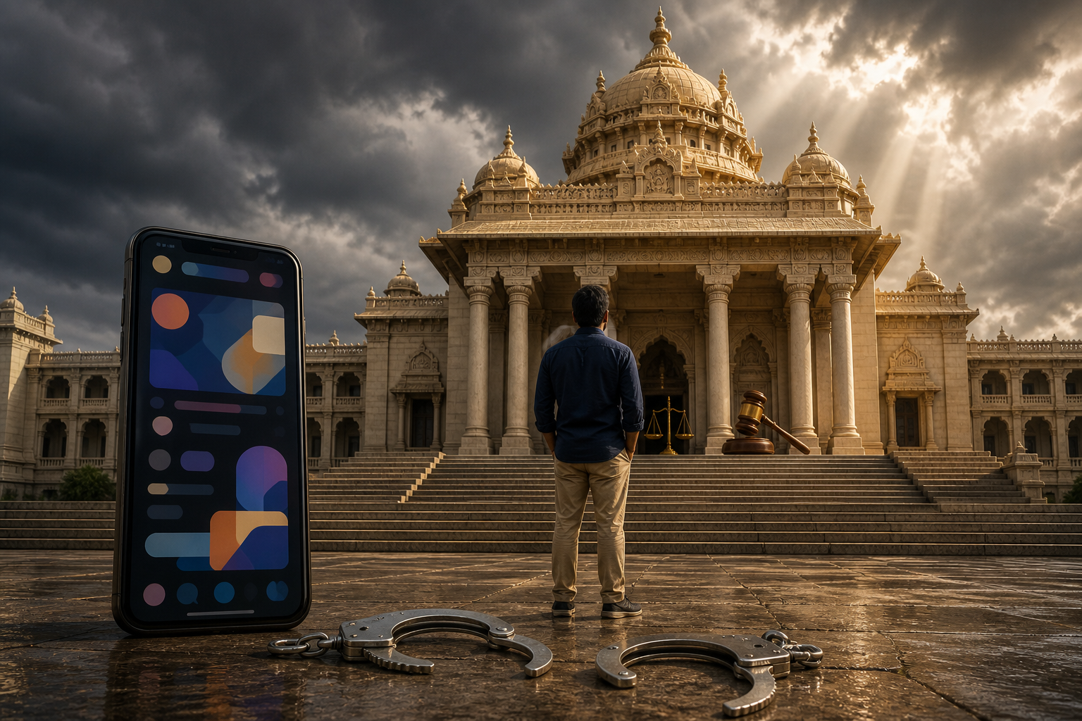 An open pair of handcuffs and a smartphone stand before a South Indian courthouse as an unidentified man faces the building.