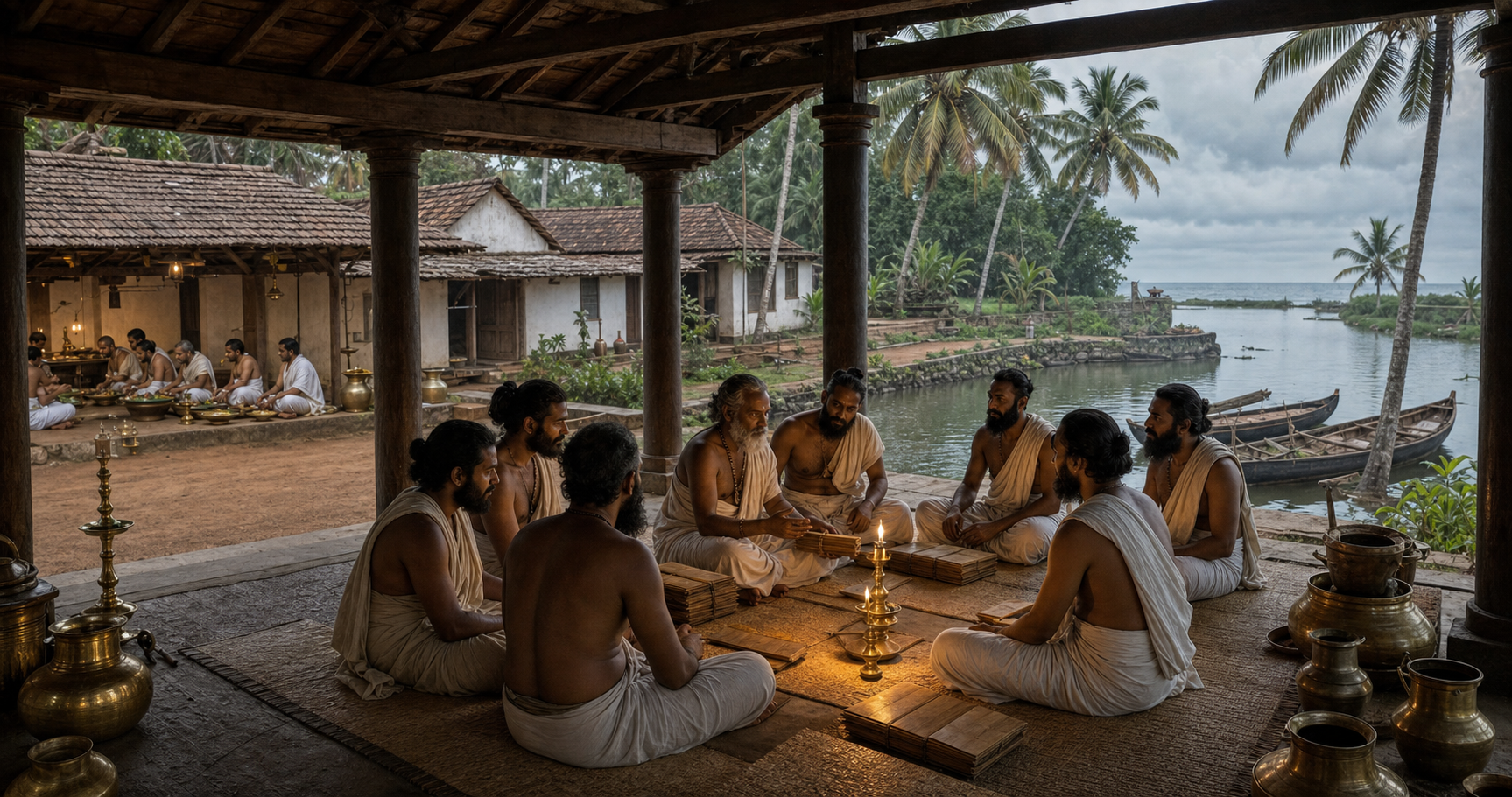 A reconstructed premodern Kerala learning hall where a teacher and students sit with palm-leaf manuscript bundles near dining and residential buildings beside a coastal waterway.