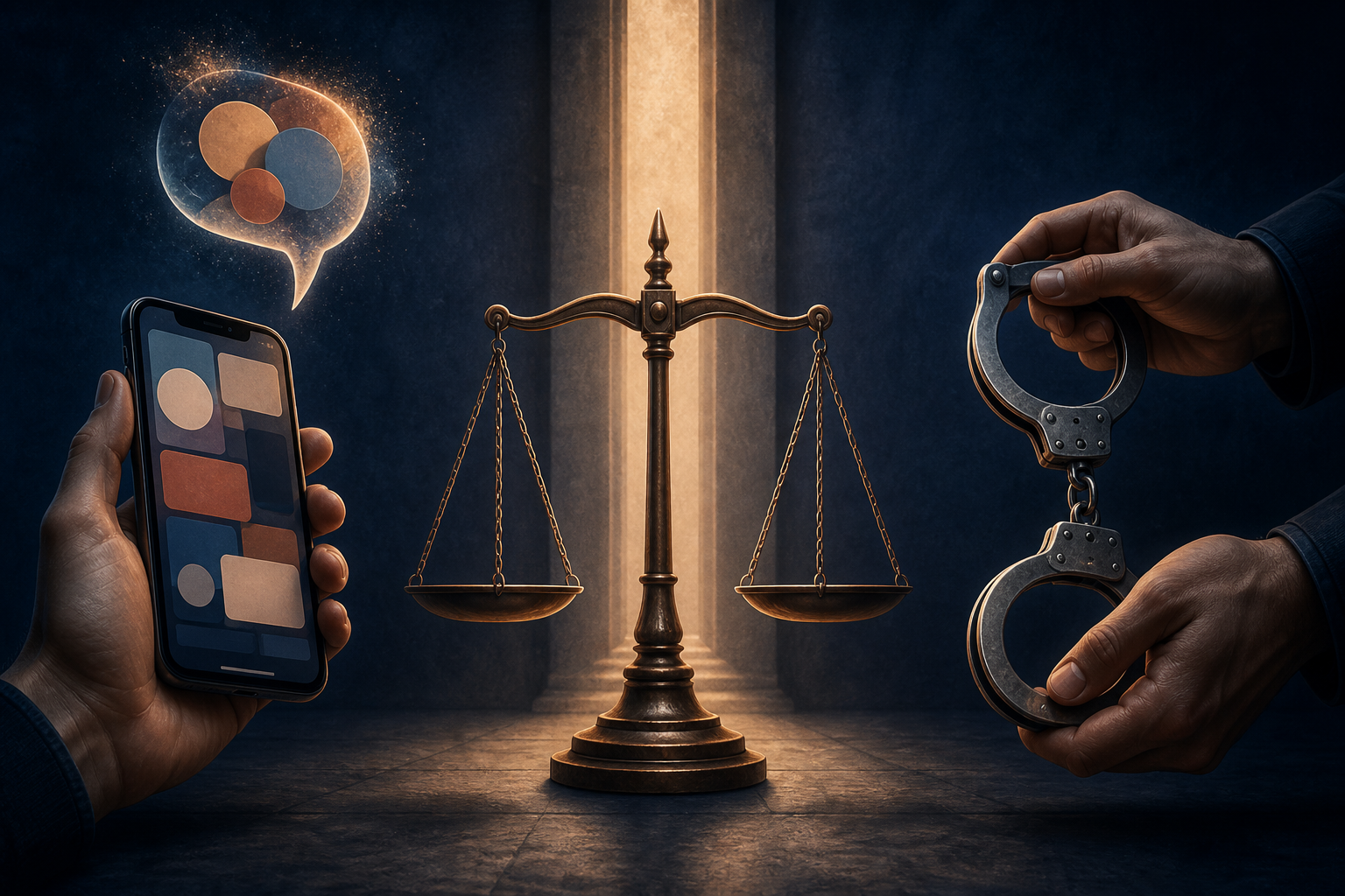 Judicial scales separate a smartphone with an abstract speech symbol from police hands holding closed handcuffs.