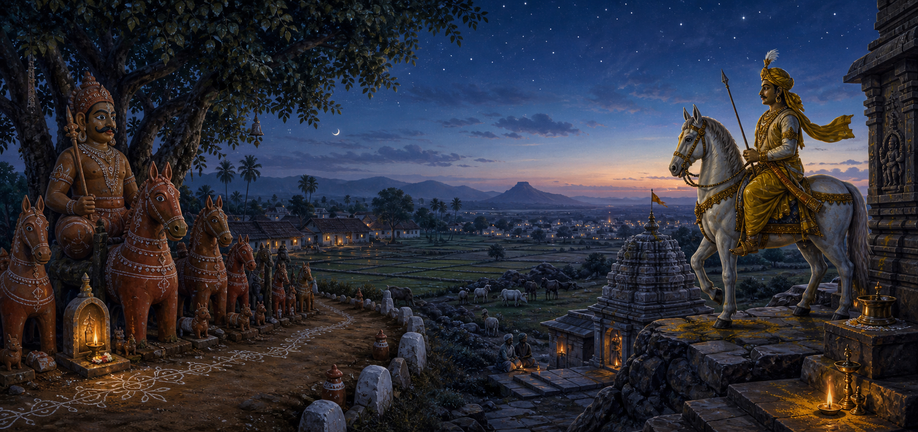 Two separate night scenes show an Ayyanar shrine guarding a Tamil village boundary and mounted Khandoba overlooking a Deccan temple and pastoral settlement.