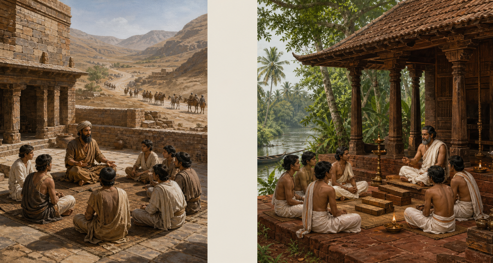 A diptych shows teacher-and-student circles in two distinct settings: a masonry courtyard in northwestern South Asia and a timber learning hall in tropical Kerala.