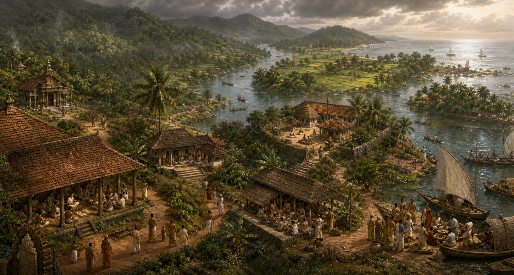 An elevated view of premodern Kerala shows several learning, residential, religious, dining, and port settings connected by rivers, boats, and footpaths.