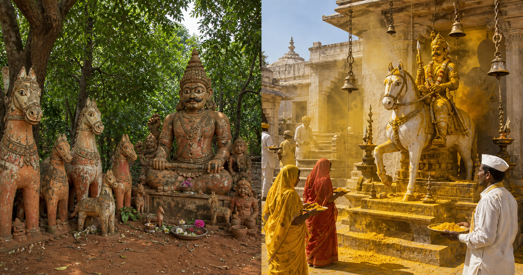 A shaded Tamil shrine with terracotta horses and a seated guardian is contrasted with a sunlit Deccan temple courtyard filled with turmeric yellow and mounted-warrior imagery.