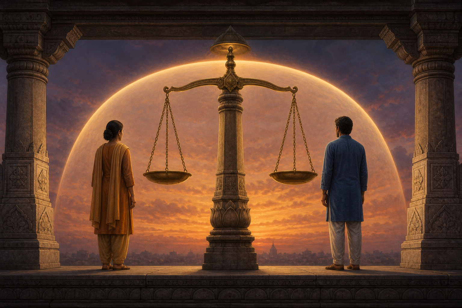 Balanced scales cast equal protective light over two anonymous citizens standing on opposite sides of a courthouse pillar.