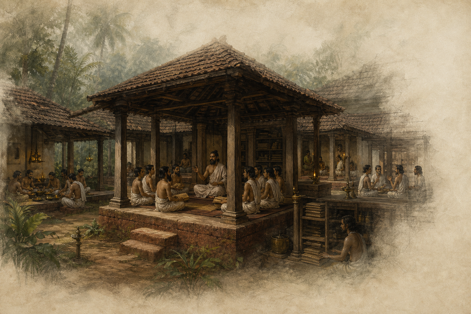A partially reconstructed Kerala learning complex shows instruction, dining, residence, and manuscript storage, with its outer structures fading into mist to indicate incomplete evidence.
