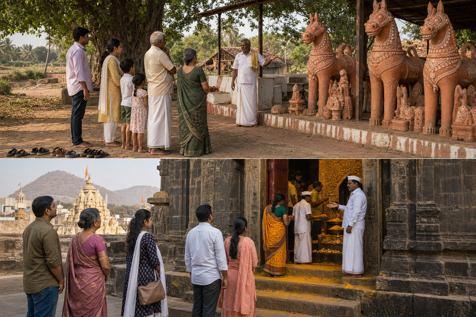 Visitors remove their footwear and follow local guidance at a Tamil shrine with terracotta horses and at a separate Deccan temple where worshippers offer turmeric.