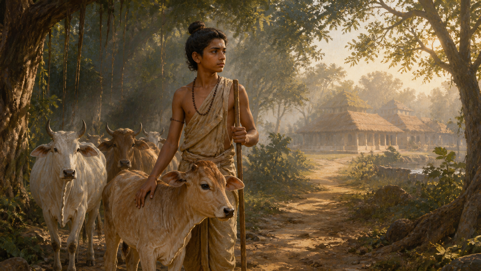 Upamanyu stands with a wooden staff beside cattle on a forest path leading toward an ancient Indian gurukula at sunrise.