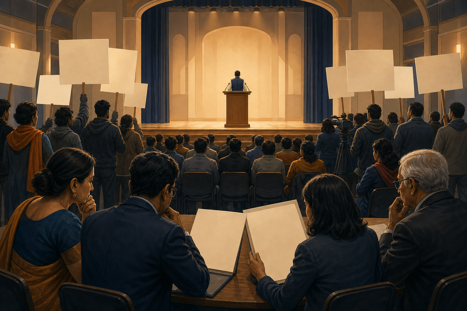 Editorial illustration of a distant speaker at an American community auditorium, with policy advocates, demonstrators carrying blank signs, journalists, and audience members in the foreground.
