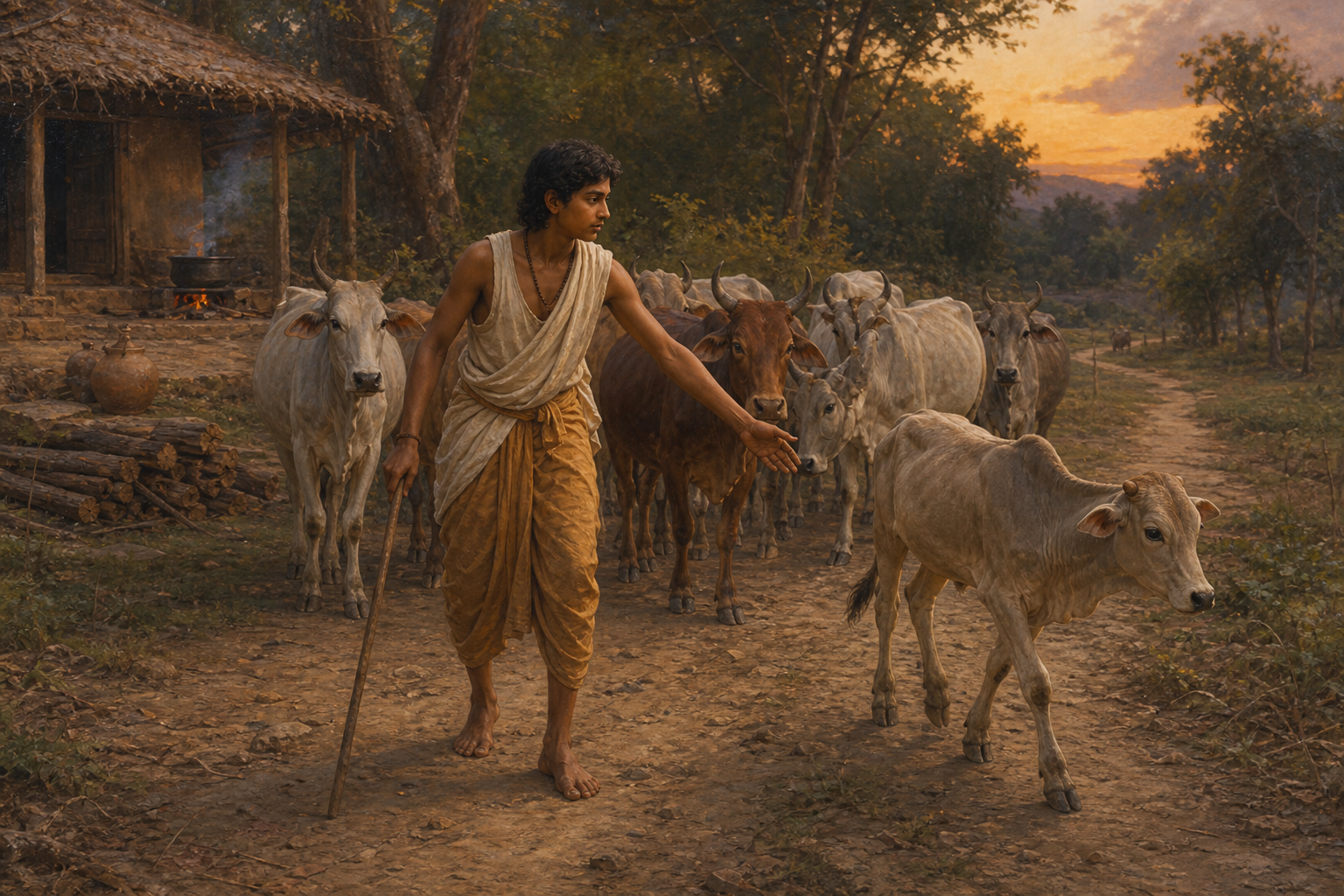 Upamanyu gathers cattle near a thatched forest hermitage as evening light falls across the path.