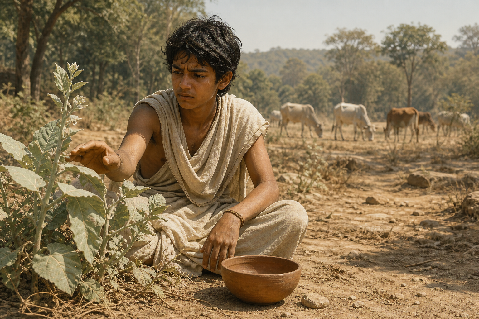A hungry Upamanyu pauses beside an arka plant with an empty alms bowl while cattle graze in the distance.