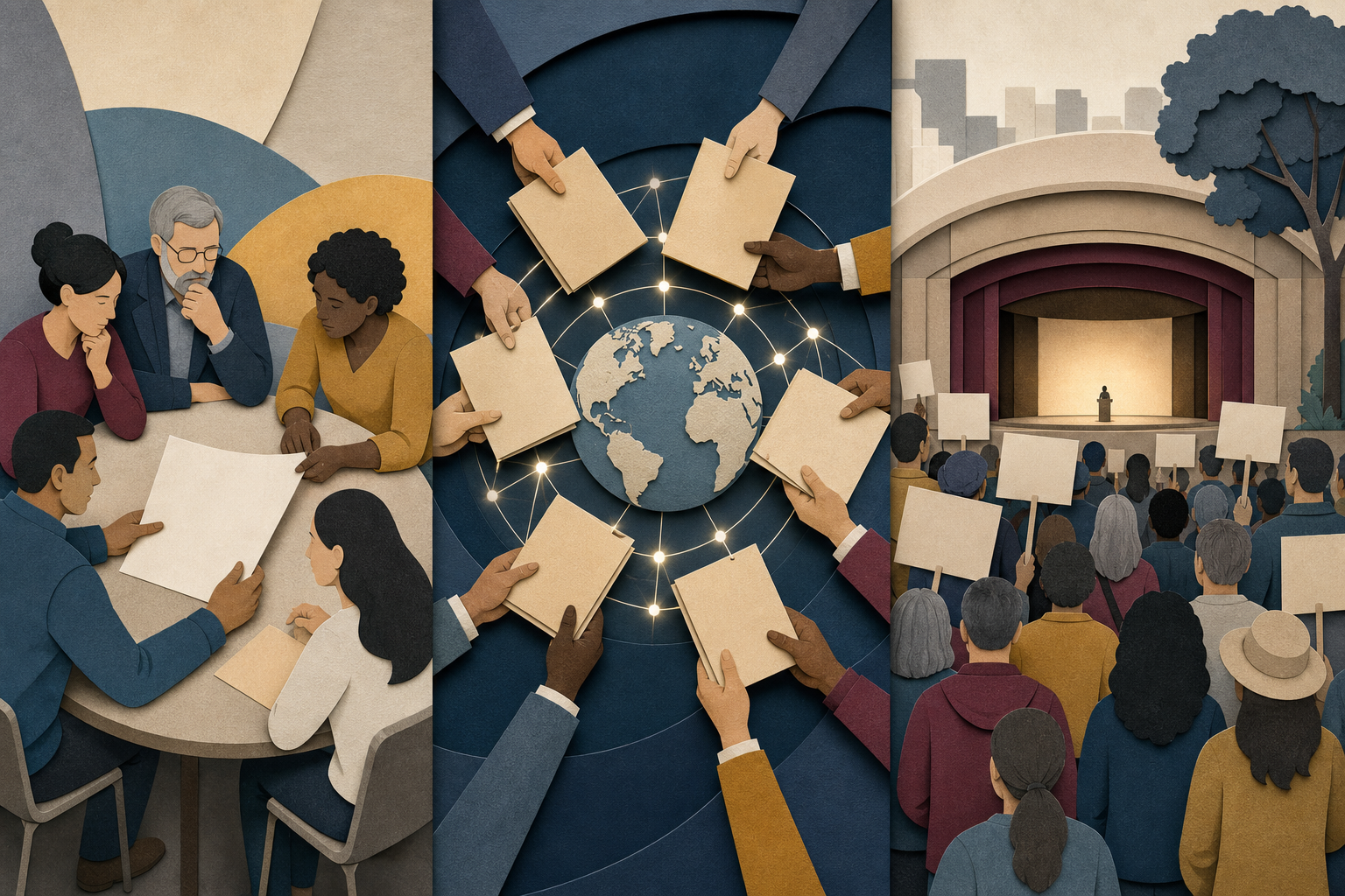 Three-panel illustration showing a policy discussion, an international advocacy network, and a peaceful protest outside a public speaking venue.