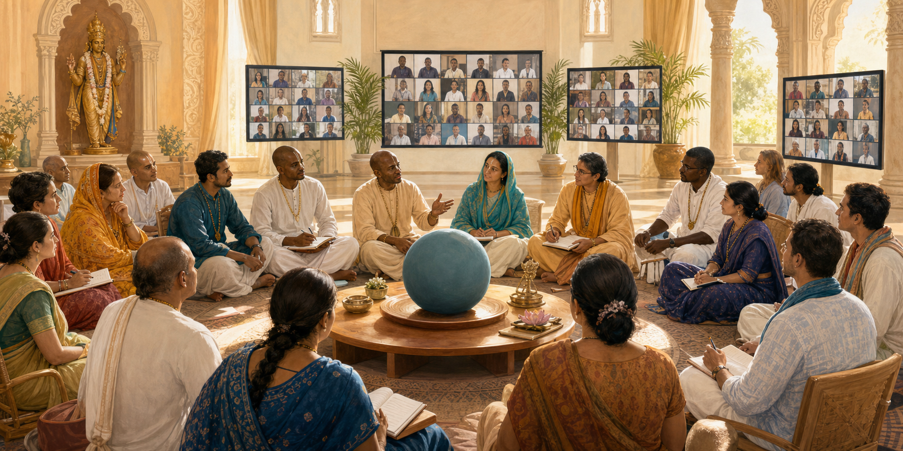 A diverse circle of Vaishnava devotees meets around a table while remote participants appear on screens in a temple conference hall.