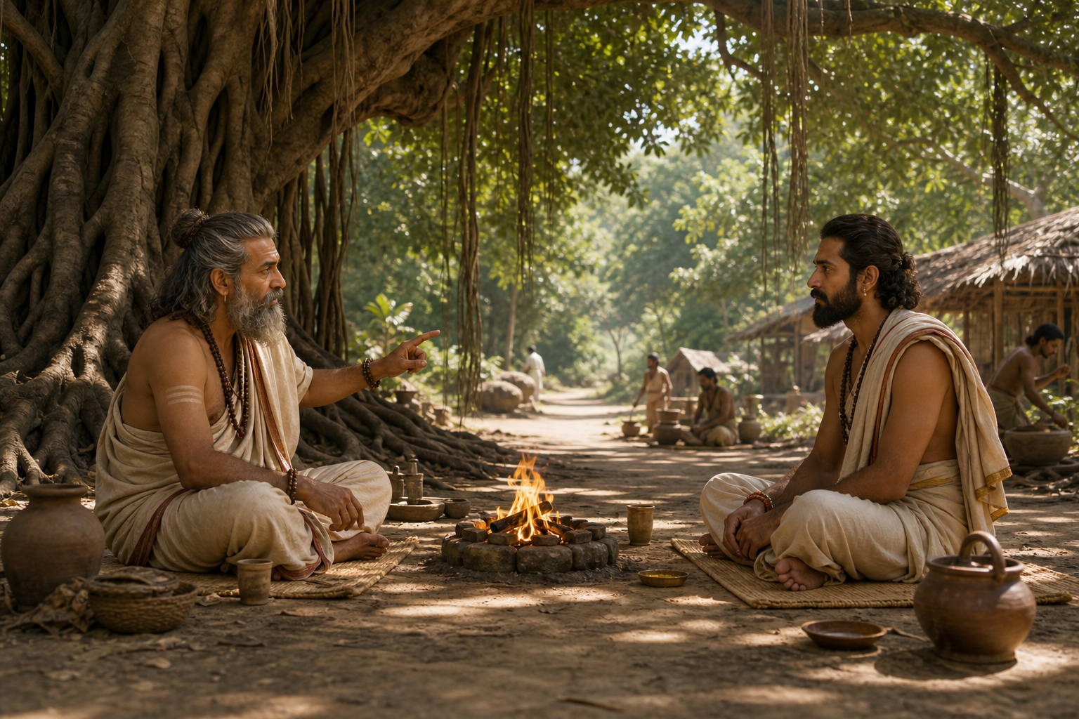 A teacher and disciple sit at the same level on opposite sides of a small sacred fire beneath a banyan tree.