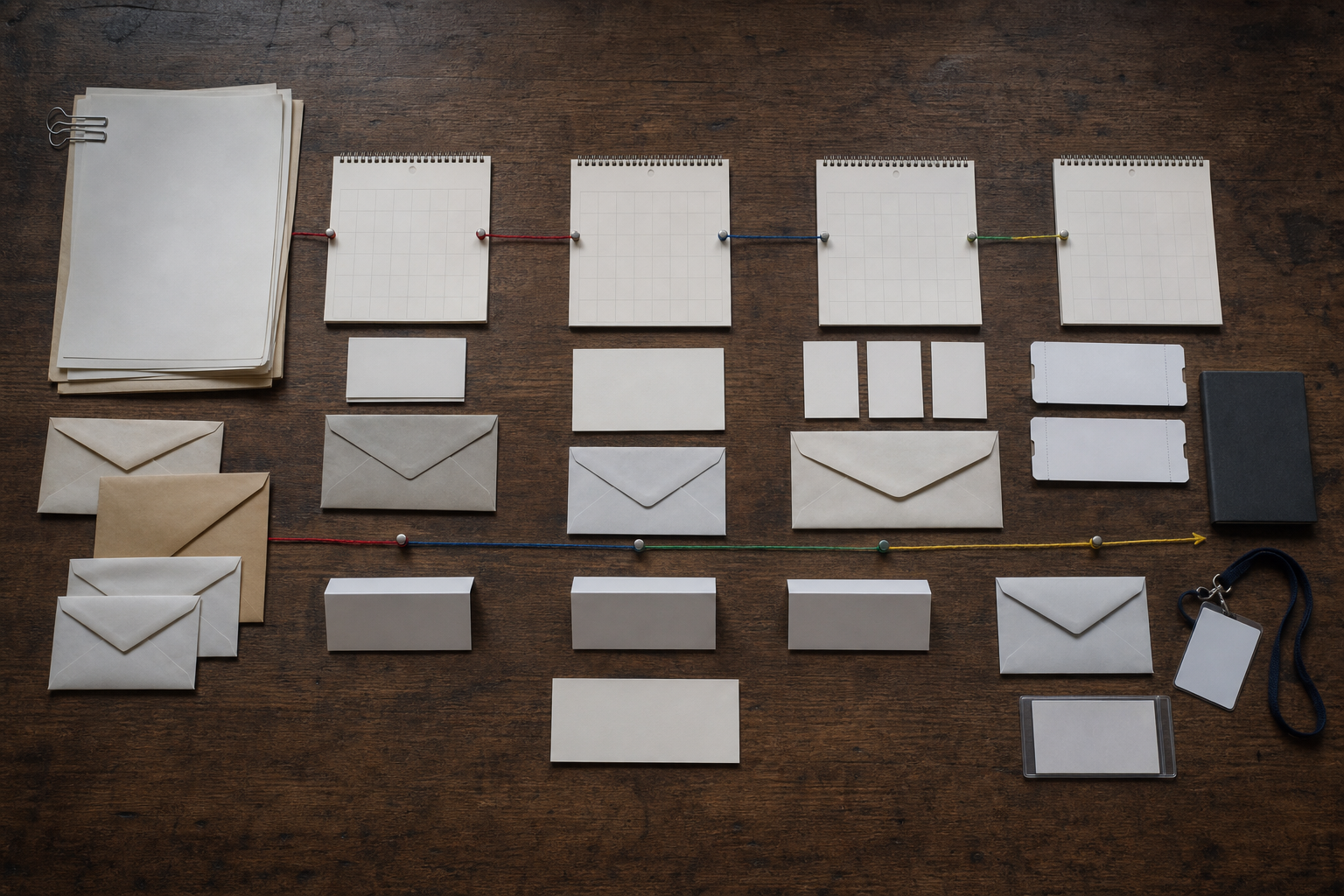 Overhead still life of blank calendar pages, envelopes, travel documents, and colored threads arranged to show a sequence of events.