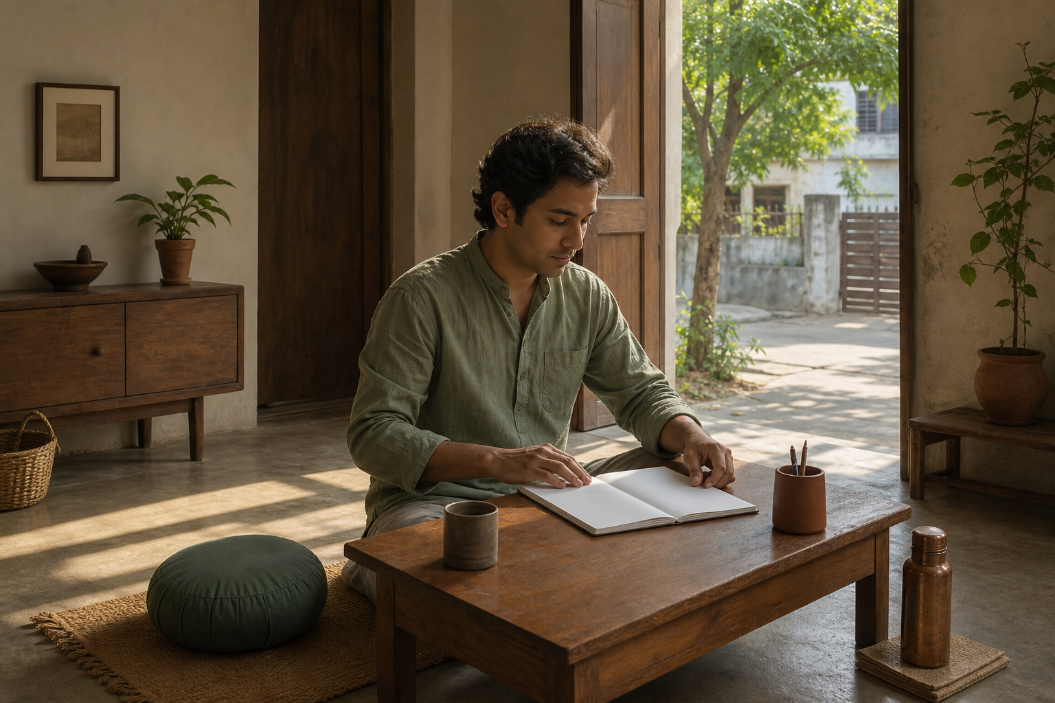 A contemporary student follows a simple morning routine at a low desk in a quiet sunlit room.