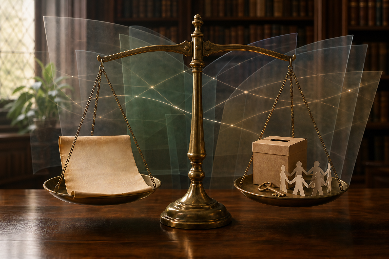 Brass balance scale weighing an unmarked legal document against a donation box, an office key, and linked paper figures in a library setting.