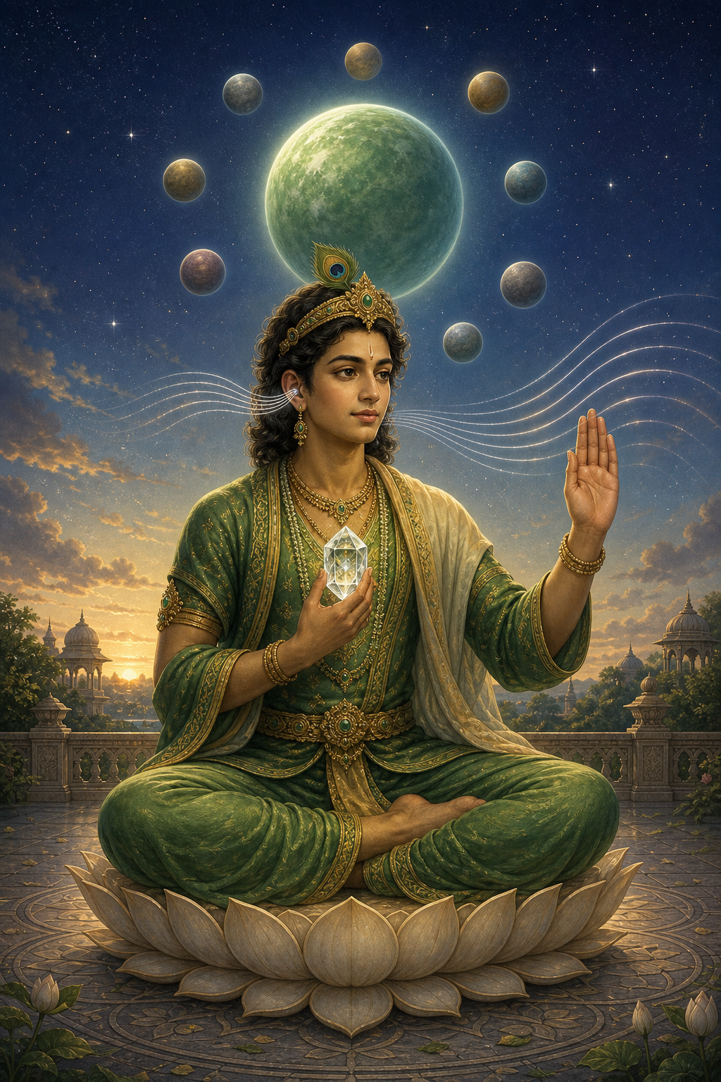 A youthful figure in green and gold sits beneath nine celestial spheres as silver streams pass from the ear through a crystal and become smooth ripples near a raised hand.