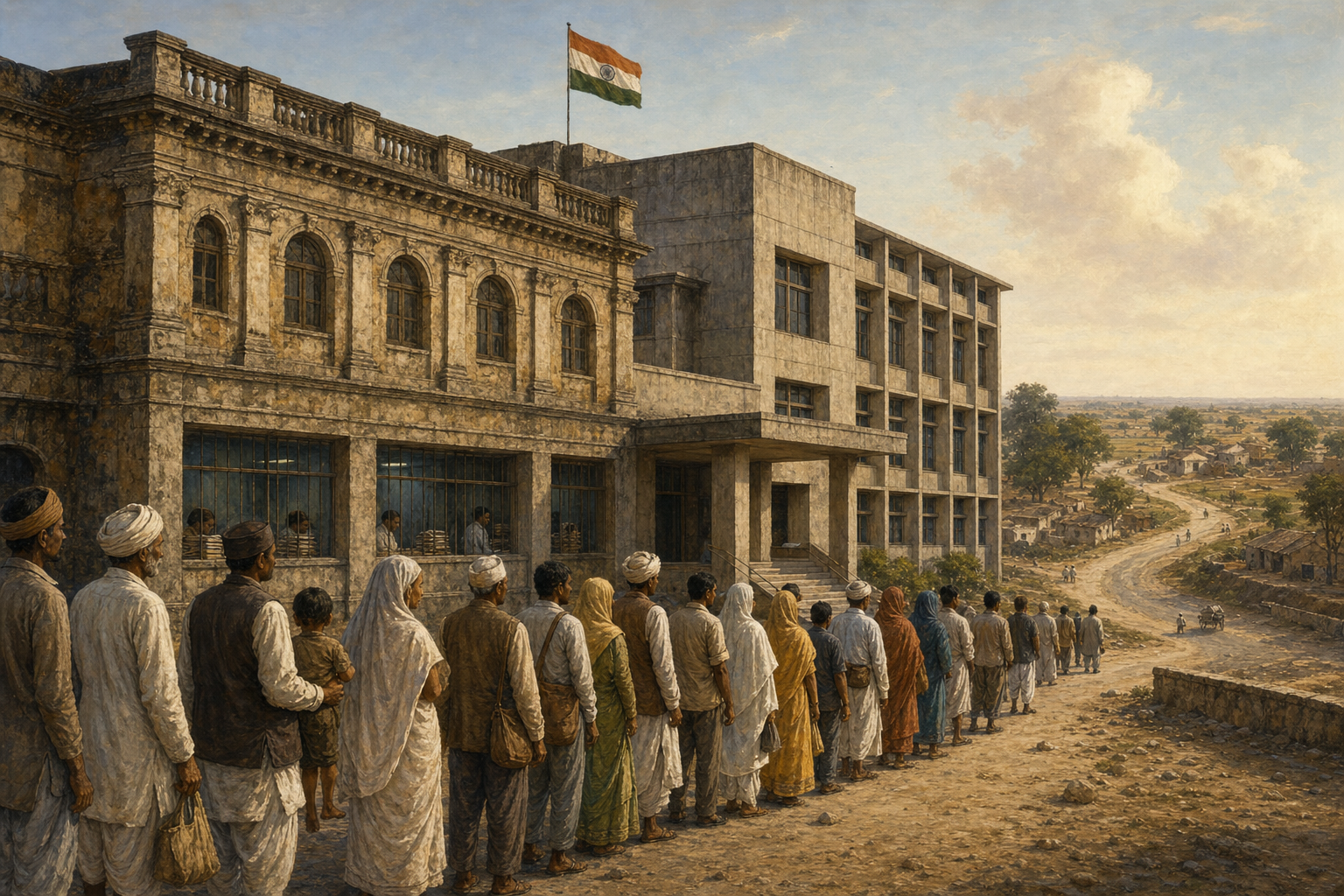 Citizens wait outside a district office that combines colonial-era stone architecture with a modern concrete addition in an early post-independence Uttar Pradesh town.