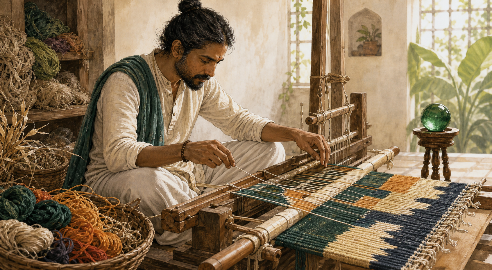 An artisan-scholar guides tangled colored threads through a hand loom, producing an orderly but unfinished textile beside a small green glass orb.