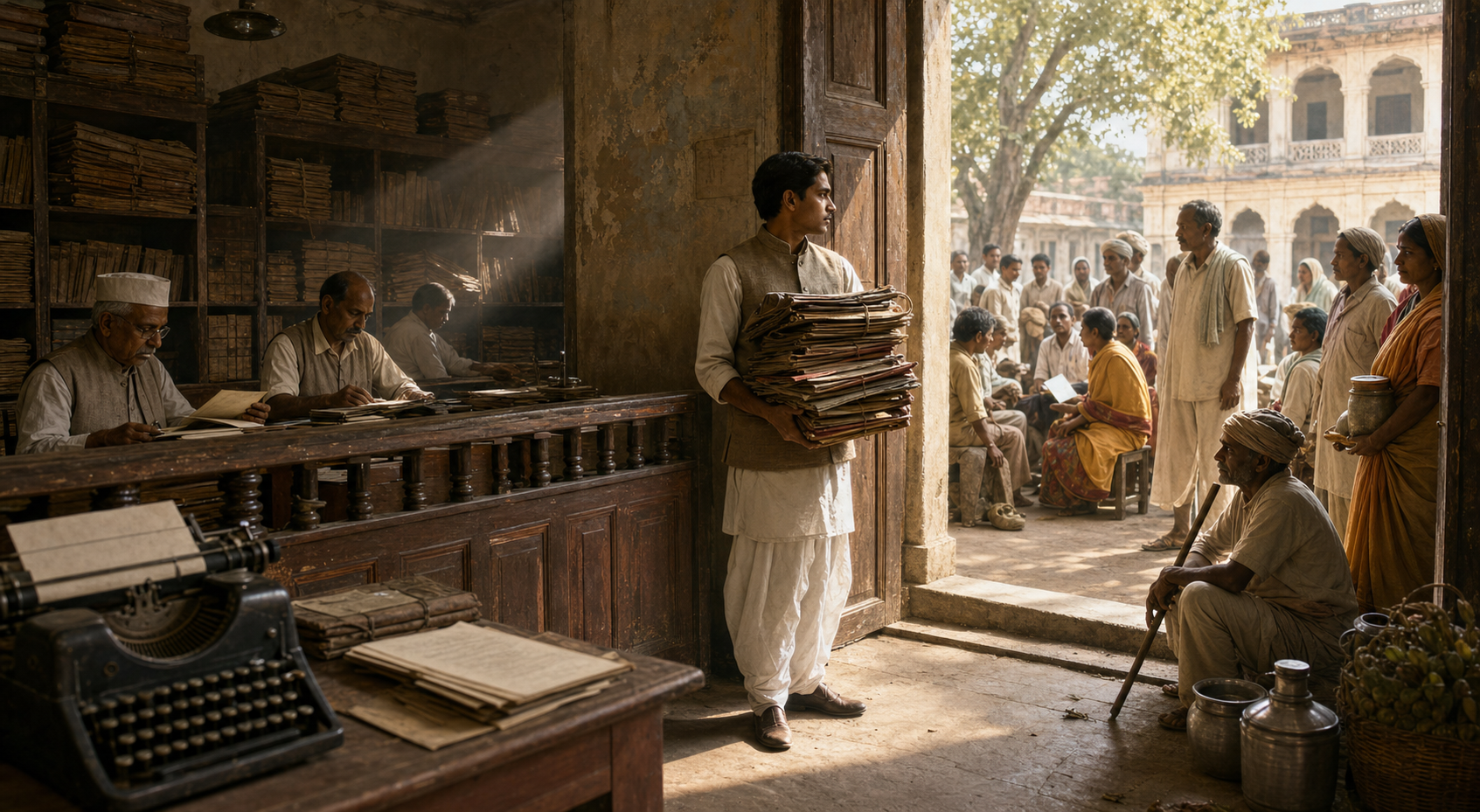 A civil servant carrying files stands between a colonial-era records room and a crowded public waiting area in Uttar Pradesh around 1950.