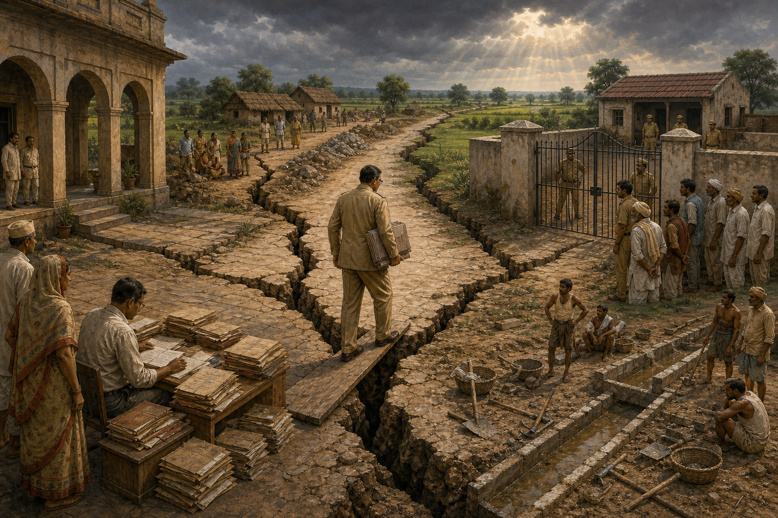 A branching fissure separates a district officer from a village road, police outpost, land records desk, and unfinished irrigation channel.