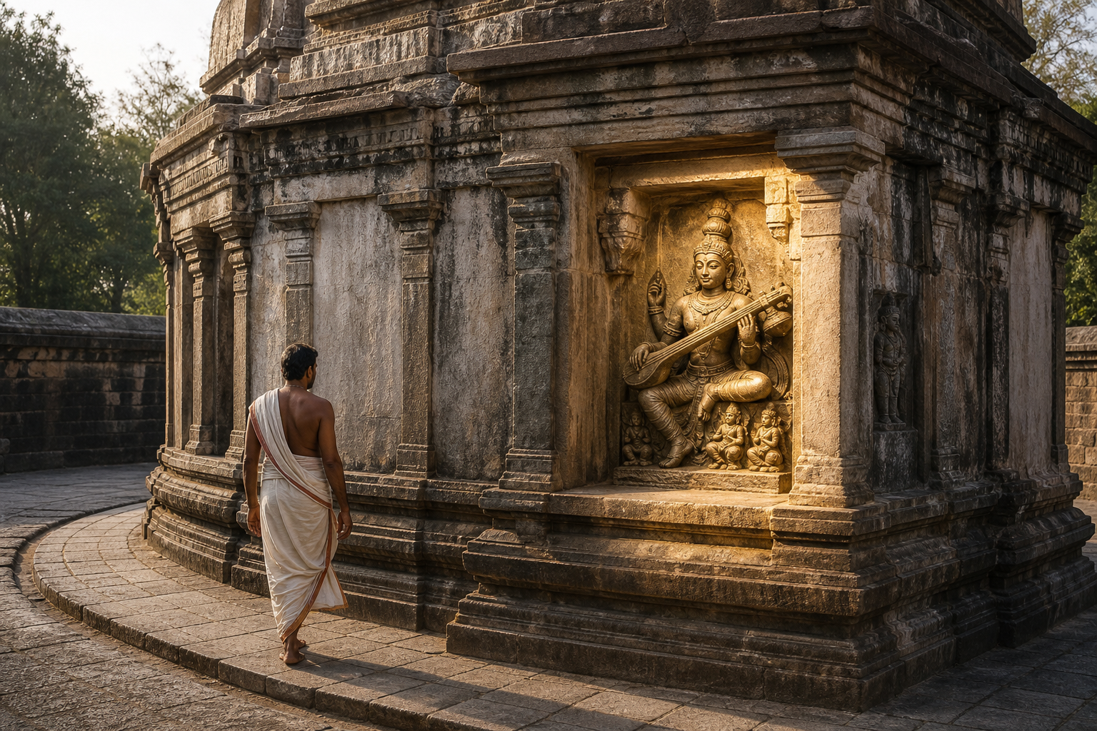 A devotee walks around a Shiva temple sanctum toward a veena-bearing Dakshinamurthy in a recessed exterior niche.