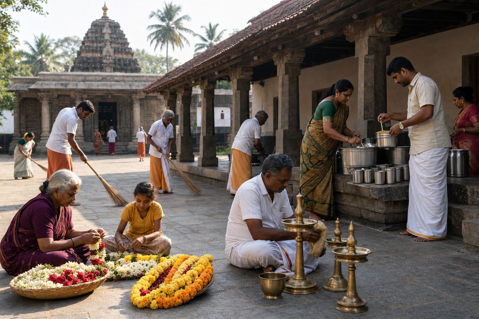 Community members arrange flowers, sweep the courtyard, polish brass lamps, and prepare a meal as shared service at a village temple.