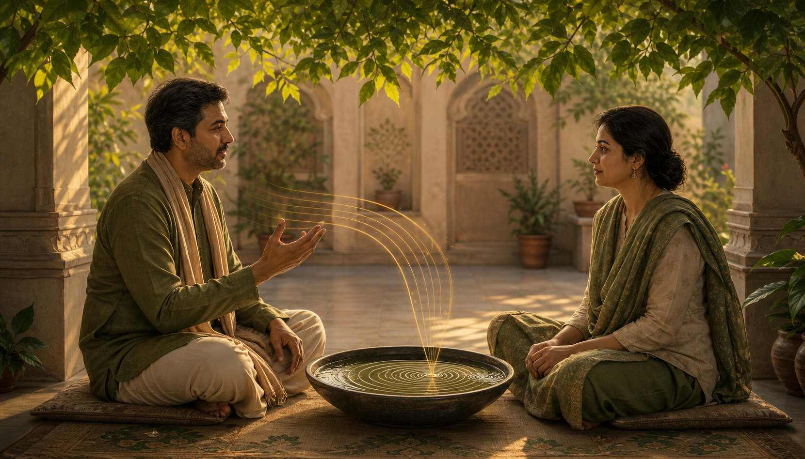 Two adults converse in a shaded courtyard while golden waves between them create concentric ripples in a shallow bowl of water.