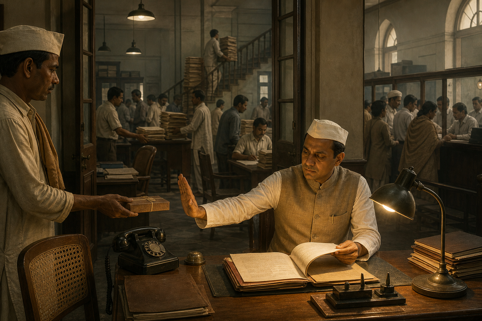 An honest senior official studies a file in the foreground while clerks, citizens, and stacks of paperwork crowd a malfunctioning government office behind him.