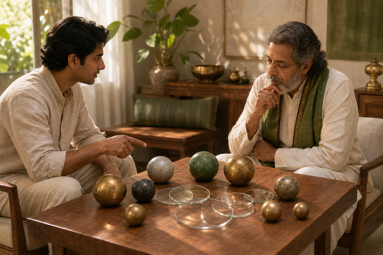 A client and a Jyotisha practitioner examine nine plain spheres and several transparent lenses together on a low table.