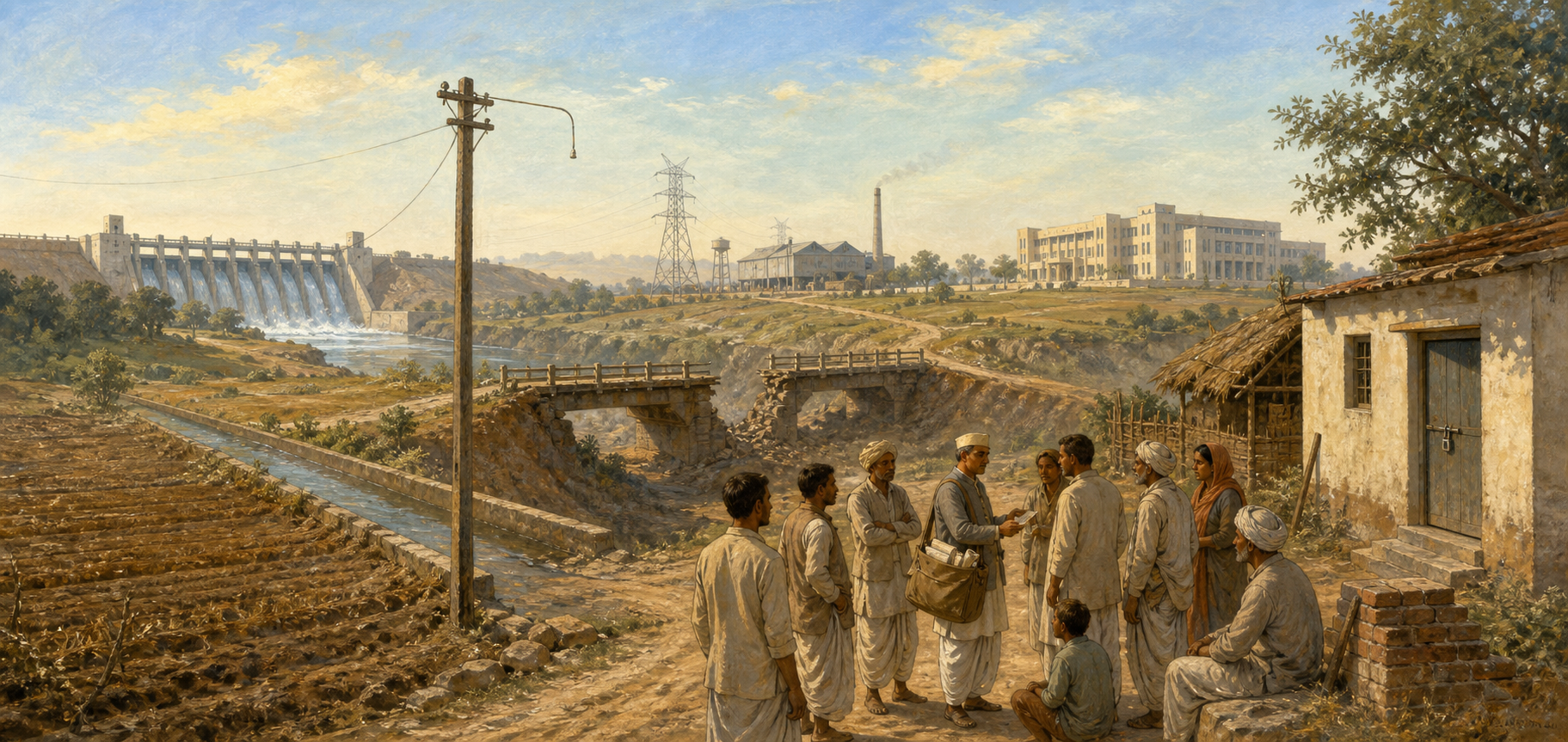 Large development projects rise in the distance while an unfinished canal, disconnected power line, locked clinic, and broken bridge limit delivery to a rural village.