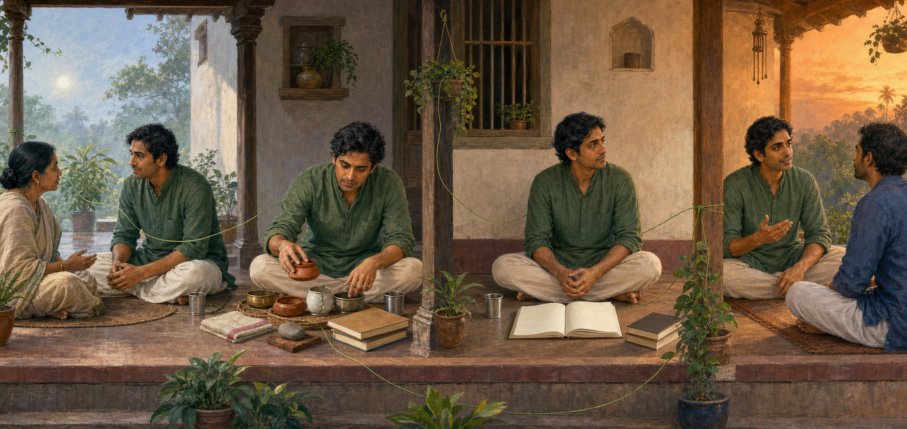 The same person appears across a veranda listening, sorting objects, pausing beside an open notebook, and speaking calmly at different times of day.