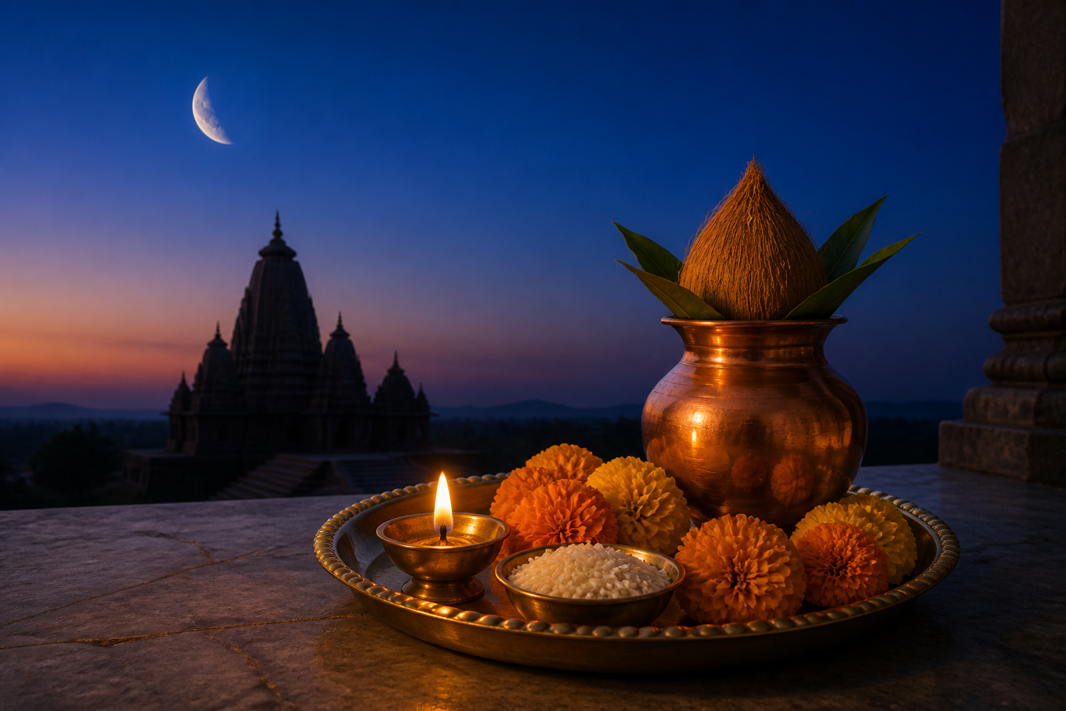 A brass puja tray with a glowing oil lamp, marigolds, rice, and a copper vessel on a terrace at twilight, with a temple silhouette and waning Moon in the distance.