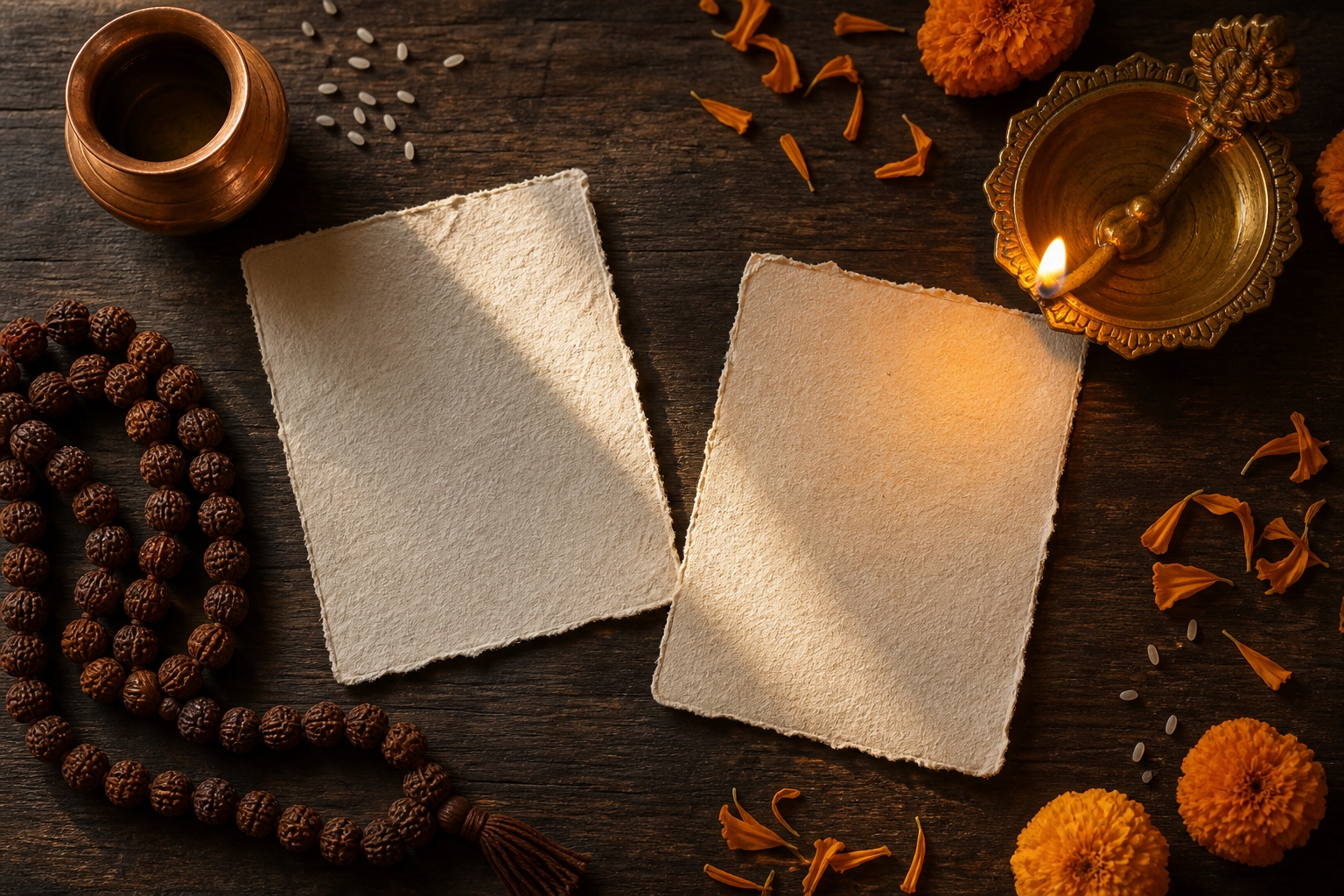 An overhead arrangement of a diya, prayer beads, copper vessel, marigold petals, rice, and two blank paper leaves divided between afternoon sunlight and lamplight.