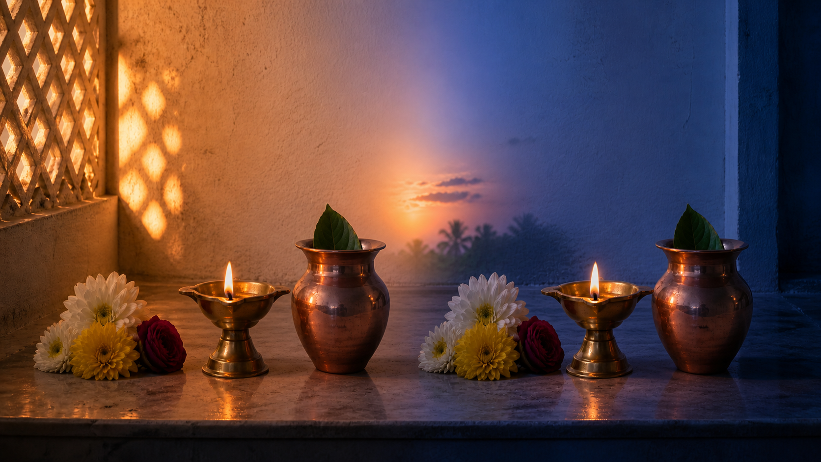 The same home altar shown across a continuous transition from late-afternoon sunlight on the left to blue evening light on the right.