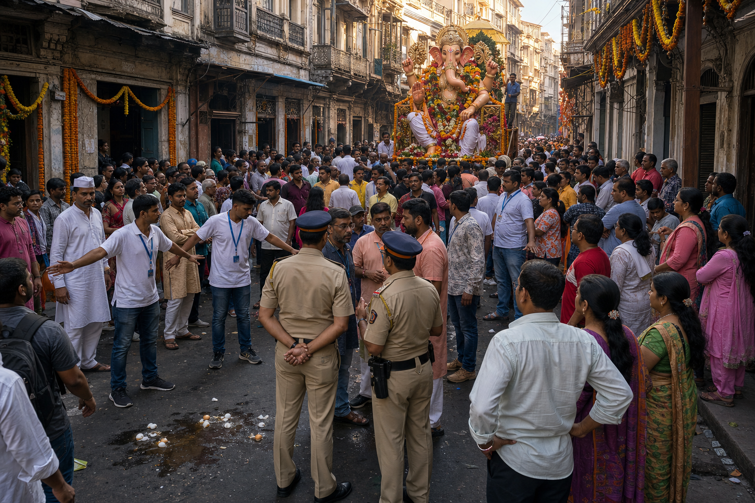 A paused Ganesh procession on a narrow Mumbai street, with volunteers and police maintaining calm near broken eggs on the roadway.